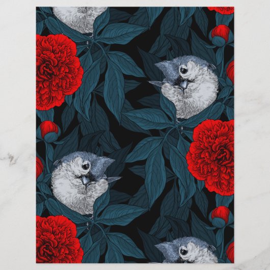 青い花を持つ鳥類と赤い葉牡丹花 (正面)