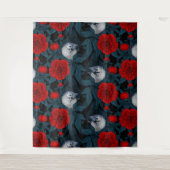 青い花を持つ鳥類と赤い葉牡丹花 タペストリー (正面)