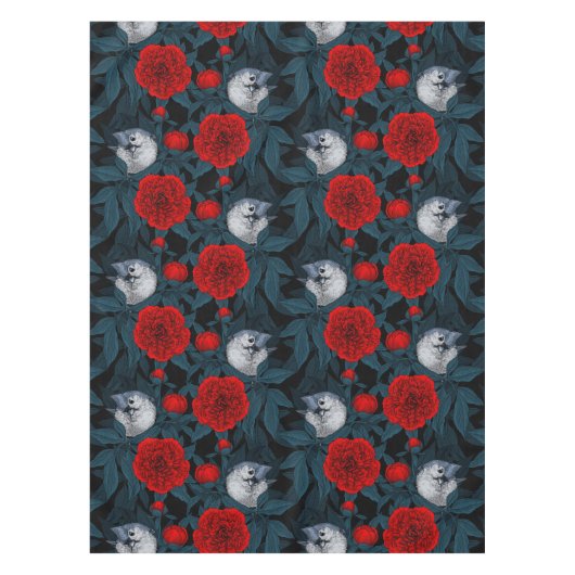 青い花を持つ鳥類と赤い葉牡丹花 テーブルクロス (正面)