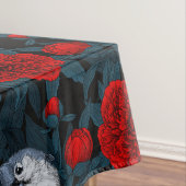 青い花を持つ鳥類と赤い葉牡丹花 テーブルクロス (インサイチュ)