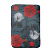 青い花を持つ鳥類と赤い葉牡丹花 バスマット (正面縦)