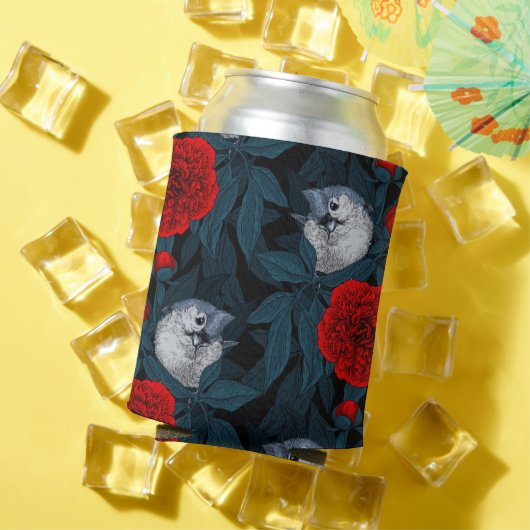 青い花を持つ鳥類と赤い葉牡丹花 缶クーラー (インサイチュ 夏)