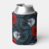 青い花を持つ鳥類と赤い葉牡丹花 缶クーラー (缶正面)