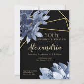 青い花エレガントと金ゴールド誕生日パーティー 招待状 (正面)