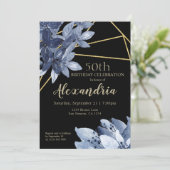 青い花エレガントと金ゴールド誕生日パーティー 招待状 (スタンド正面)