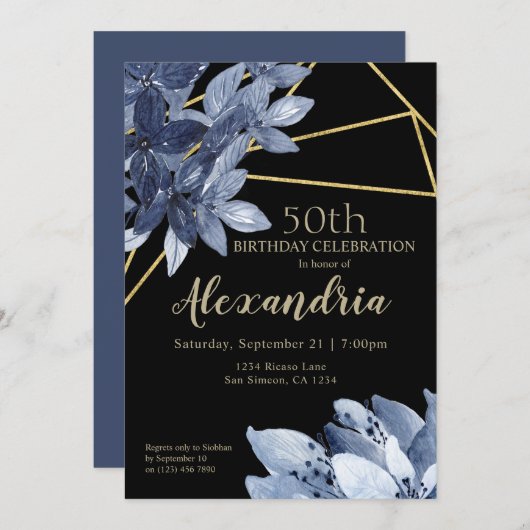 青い花エレガントと金ゴールド誕生日パーティー 招待状 (正面/裏面)