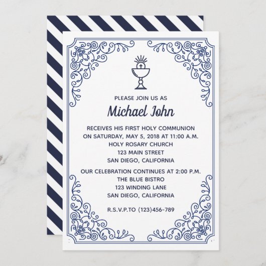 青い花エレガント咲きの渦巻き少年第1回 招待状 (正面/裏面)