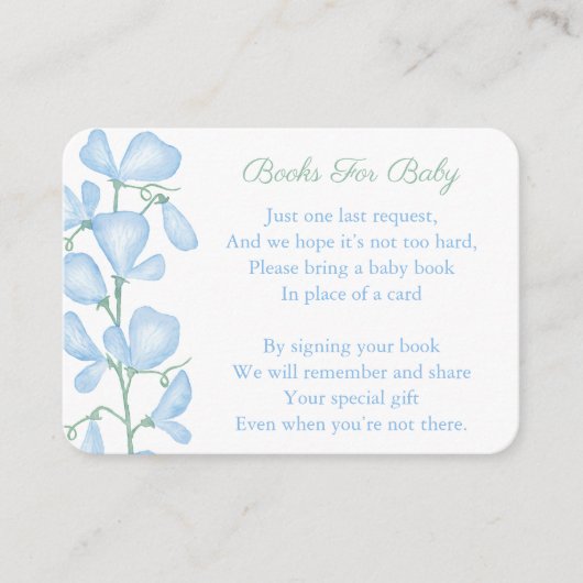 青い花エレガント男の赤ちゃんシャワー持って本 エンクロージャーカード (正面)