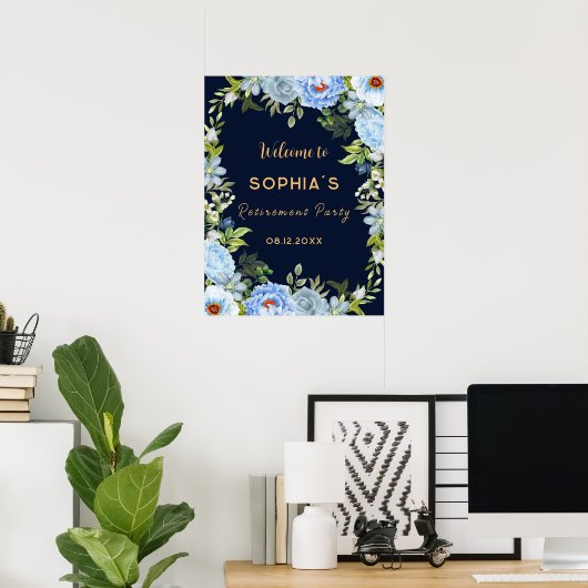 青い花エレガント退職パーティー歓迎サイン ポスター (ホームオフィス)