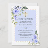 青い花エレガント金ゴールドクロスボーイチェック 招待状 (正面)