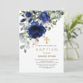 青い花エレガント金ゴールドクロスボーイバプテスマ 招待状 (スタンド正面)