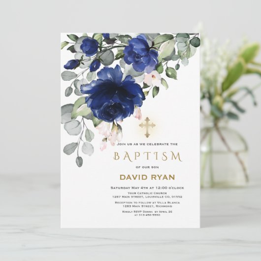 青い花エレガント金ゴールドクロスボーイバプテスマ 招待状 (スタンド正面)