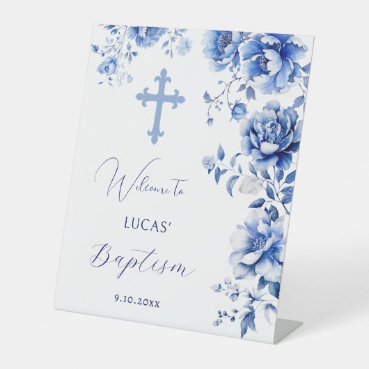 青い花バプテスマ歓迎ペデスタルサイン 台座サイン (正面)