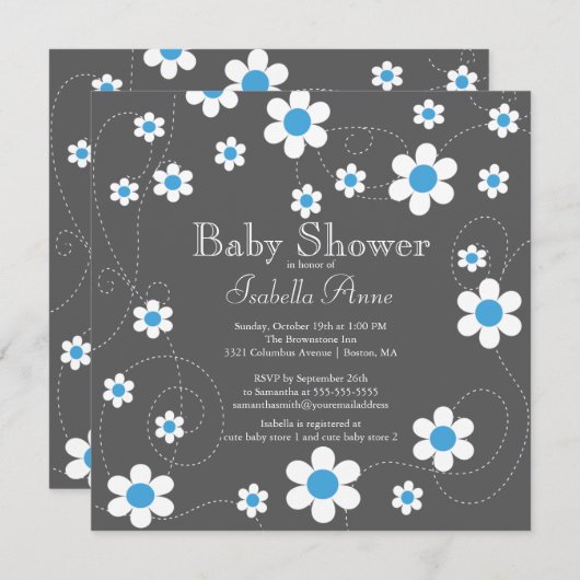 青い花モダンフローラ男の子赤ちゃんシャワー 招待状 (正面/裏面)
