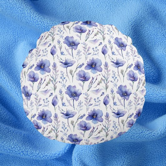 青い花全体のプリント枕 ラウンドクッション