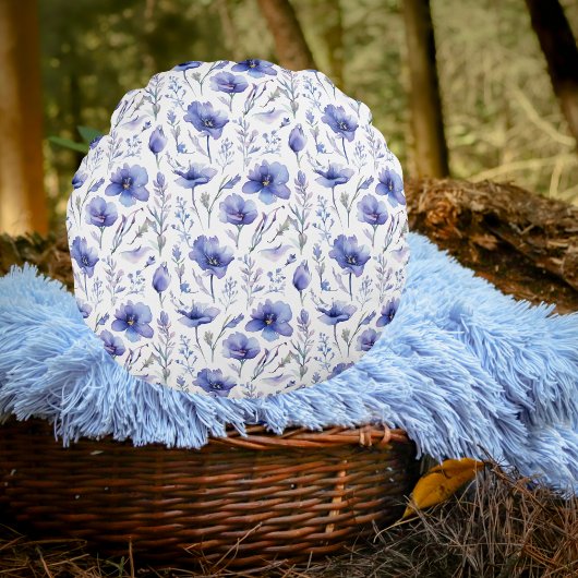青い花全体のプリント枕 ラウンドクッション