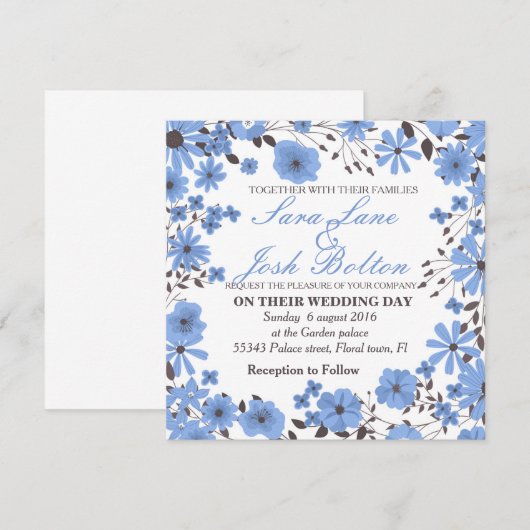 青い花枠 招待状 (正面/裏面)