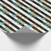 青い花柄のエレガントな白黒ストライプ ラッピングペーパー (角)