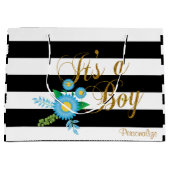 青い花柄のエレガントな白黒ストライプ ラージペーパーバッグ (正面)