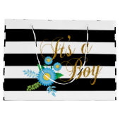 青い花柄のエレガントな白黒ストライプ ラージペーパーバッグ (裏面)