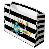 青い花柄のエレガントな白黒ストライプ ラージペーパーバッグ (裏面アングル)