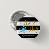 青い花柄のエレガントな白黒ストライプ 缶バッジ (正面&裏面)