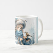 青い花柄のコートを着た鳥と冬の少女 コーヒーマグカップ (正面右)