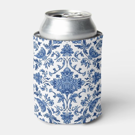 青い花柄のシノワズリ 白い水彩画 缶クーラー (缶正面)