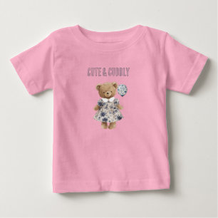 青い花柄のドレスを着たかわいいテディベア ベビーTシャツ