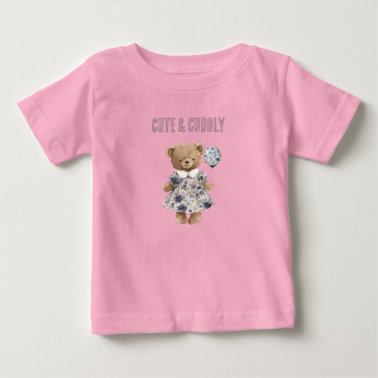 青い花柄のドレスを着たかわいいテディベア ベビーTシャツ (正面)