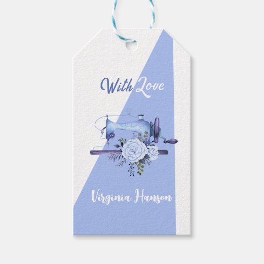 青い花柄のミシンで愛を込めて縫う ギフトタグ (正面)