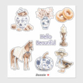 青い花柄のリボンダックハット シール (シート)