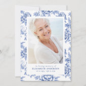 青い花柄の写真と花の葬儀飾り 招待状 (正面)