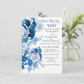 青い花柄の白バラ紙 招待状 (スタンド正面)