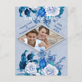 青い花柄の白バラ紙 案内ポストカード