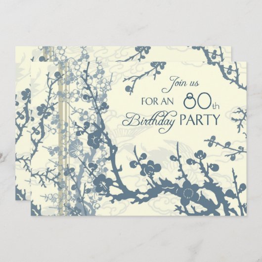 青い花柄の第80誕生日のパーティの招待状カード 招待状 (正面/裏面)