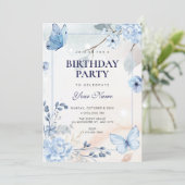 青い花柄の蝶の誕生日 招待状 (スタンド正面)