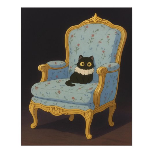 青い花柄アームチェアに座る黒猫 フォトプリント            (正面)