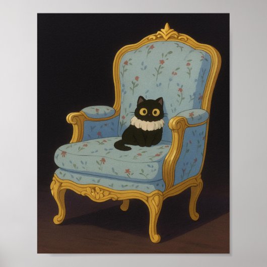 青い花柄アームチェアの上の黒猫 ポスター (正面)