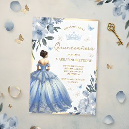 青い花柄ドレス蝶Quinceañera  招待状