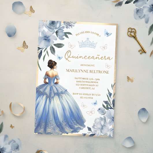 青い花柄ドレス蝶Quinceañera  招待状