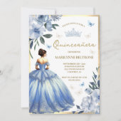 青い花柄ドレス蝶Quinceañera  招待状 (正面)