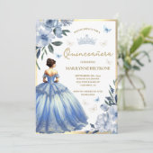 青い花柄ドレス蝶Quinceañera  招待状 (スタンド正面)