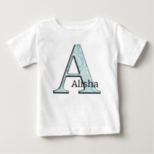 青い花柄プリントのモノグラムイニシャルギフト ベビーTシャツ