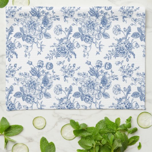 青い花柄 キッチンタオル (折り畳み)