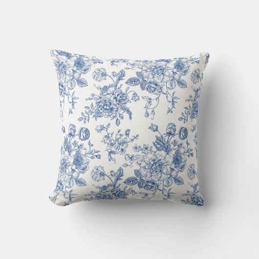 青い花柄 クッション (正面)