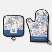 青い花柄 鍋つかみ&鍋敷きセット (正面)