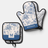 青い花柄 鍋つかみ&鍋敷きセット (正面/裏面)