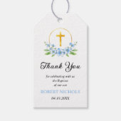 青い花模様と金ゴールドクロスボーイバプテスマありがとう ギフトタグ (正面)