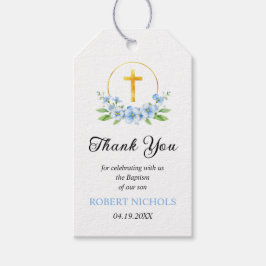 青い花模様と金ゴールドクロスボーイバプテスマありがとう ギフトタグ